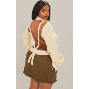 PrettyLittleThing Plus Cream Rib Knit Open Back Cropped Jumper, Cream XXL