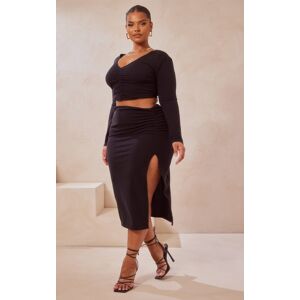 PrettyLittleThing Plus Black Ruched Front Side Split Midi Skirt, Black 30