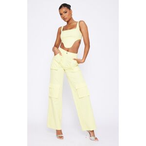 PrettyLittleThing Pale Yellow Twill Pocket Detail High Waist Cargo Pants, Pale Yellow 16