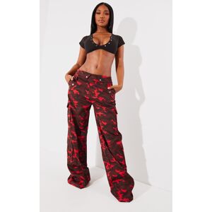 PrettyLittleThing Shape Red Camo Print Cargo Fold Waistband Pocket Detail Pants, Red 16