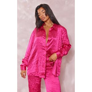 PrettyLittleThing Hot Pink Crinkle Textured Satin Oversized Button Up Shirt, Hot Pink 8