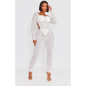 PrettyLittleThing Shape White Sequin Mesh Corset Detail Jumpsuit, White 8