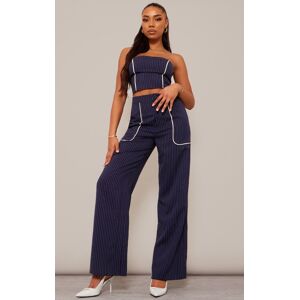 PrettyLittleThing Tall Navy Pinstripe Contrast Seam Detail Wide Leg Pants, Navy 16