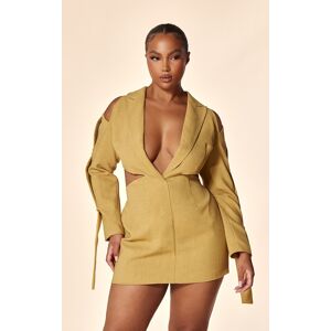 PrettyLittleThing PLT Label Plus Mustard Strap Sleeve Detail Cut Out Blazer Dress, Mustard 18