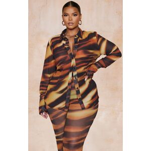 PrettyLittleThing Plus Brown Tiger Printed Fitted Chiffon Plunge Shirt, Brown 16