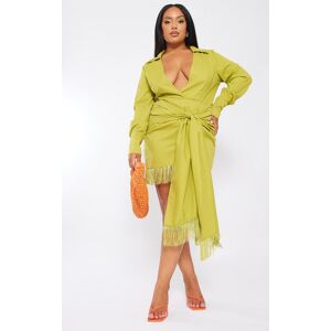 PrettyLittleThing Plus Lime Green Tassel Detail Long Sleeve Shift Dress, Lime Green 30