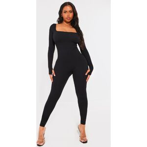 PrettyLittleThing Shape Black Contour Rib Square Neck Thumb Hole Jumpsuit, Black M