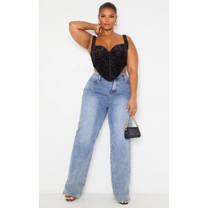 PrettyLittleThing Plus Black Leopard Flocked Print Corset Top, Black 16