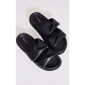PrettyLittleThing Black PU Round Toe Twisted Strap Footbed Flat Sandals, Black 5