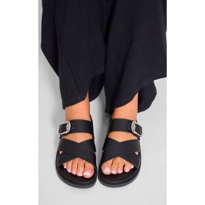 PrettyLittleThing Black Grain PU Cross Strap Buckled Flat Sandals, Black 5