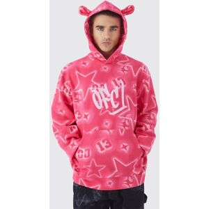 Boohooman Mens Bright Pink Oversized All Over Graffiti Ear Hoodie Bright Pink