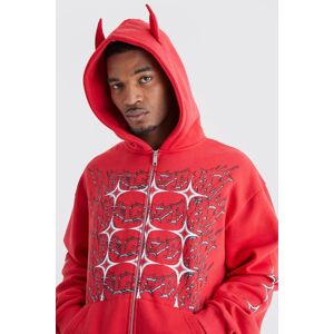 Boohooman Mens Red Tall Oversized Boxy Grunge Zip Through Ear Hooded Tracksuit Red