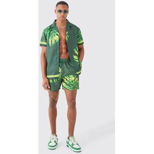 Boohooman Mens Green Regular Leaf Shirt & Swim Short Set Green