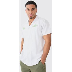 Boohooman Mens White Oversized Linen Look Leaf Embroidered Shirt White