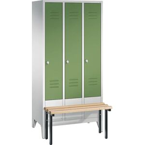 C+P CLASSIC Garderobenschrank mit vorgebauter Sitzbank, 3 Abteile, Abteilbreite 300 mm, lichtgrau / resedagrün