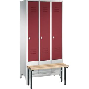 C+P CLASSIC Garderobenschrank mit vorgebauter Sitzbank, 3 Abteile, Abteilbreite 300 mm, lichtgrau / rubinrot