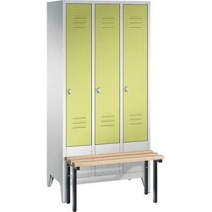 C+P CLASSIC Garderobenschrank mit vorgebauter Sitzbank, 3 Abteile, Abteilbreite 300 mm, lichtgrau / viridingrün