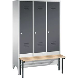 C+P CLASSIC Garderobenschrank mit vorgebauter Sitzbank, 3 Abteile, Abteilbreite 400 mm, lichtgrau / schwarzgrau