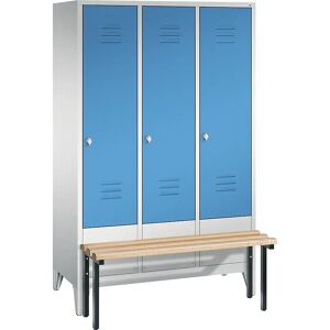 C+P CLASSIC Garderobenschrank mit vorgebauter Sitzbank, 3 Abteile, Abteilbreite 400 mm, lichtgrau / lichtblau