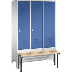 C+P CLASSIC Garderobenschrank mit vorgebauter Sitzbank, 3 Abteile, Abteilbreite 400 mm, lichtgrau / enzianblau