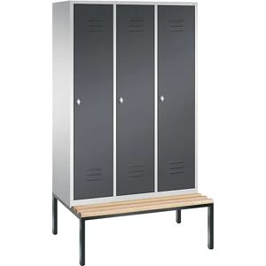 C+P CLASSIC Garderobenschrank mit untergebauter Sitzbank, 3 Abteile, Abteilbreite 400 mm, lichtgrau / schwarzgrau