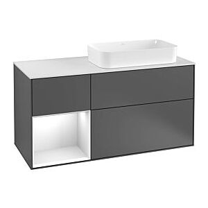 Villeroy und Boch Finion Waschtischunterschrank F271PHMT 120cm, Abdeckplatte white matt, Regal links Glossy Black Lacquer, White matt lacquer