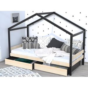 Vente-unique.ch Kinderbett Hausbett mit 2 Schubladen + Matratze - 90 x 190 cm - Fichte massiv - Naturfarben & Schwarz - ELFIA