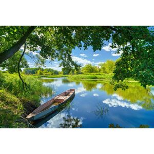 Papermoon Fototapete »FRÜHLINGS-LANDSCHAFT-FLUSS BOOT BÄUME STRAND UFER WALD« bunt B/L: 3,00 m x 2,23 m