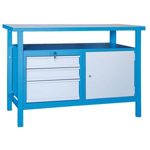 GÜDE Basic Werkbank, Fichte + Buchensperrholz, 3 Schubladen, 1 Schrank, 1190 x 600 x 850 mm, blau