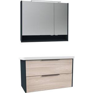 Badmöbel-Set FACKELMANN, korpus anthrazit matt, front optik steinesche, zerlegt zur Selbstmontage, wandhängend, Spiegelschrankmit LED-Aufsatzleuchte, Keramikbecken, Waschtischunterbaumit 2 gedämpften Schubauszügen, Kastenmöbel-Sets