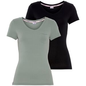 V-Shirt KANGAROOS, Damen, Gr. 44/46 (L), grün (grüngrau, schwarz), Rippware, Obermaterial: 100% Baumwolle, unifarben, kontrastfarbene Details, Basic, sehr figurbetont hüftbedeckend, V-Ausschnitt, Kurzarm, Shirts, Kurzarm, figurbetonter Schnitt, aus Baumwo