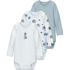Schlafoverall NAME IT "NBMBODY 3P LS BABY ELEPHANT NOOS", Baby, Gr. 50, N-Gr, blau (baby blau), Jersey, Obermaterial: 100% Baumwolle, bedruckt, casual, regular fit, Rundhals, Langarm, Overalls