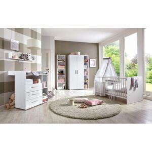 Babyzimmer-Komplettset BMG MÖBEL "Luis" Schlafzimmermöbel-Sets Gr. Mit Umbauseiten-Set + Kaltschaummatratze, weiß Baby Komplett-Babybetten Bett + Wickelkommode 2-trg. Schrank Standregal Wandboard