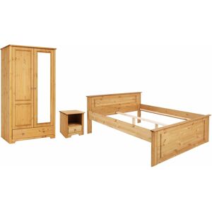 Schlafzimmer-Set HOME AFFAIRE "Hugo" Schlafzimmermöbel-Sets Gr. B/H: 140 cm x 200 cm, beige (natur geölt) Komplett Schlafzimmer Bett 140x200cm, 2-trg Kleiderschrank und 1 Nachttisch