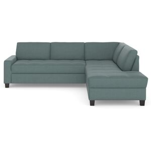 Ecksofa DOMO COLLECTION "Florentina L-Form" Sofas Gr. B/H/T: 243 cm x 84 cm x 209 cm, Webstoff, Ottomane rechts, Mit Bettfunktion, blau (eisblau) Ecksofas wahlweise mit Bettfunktion, Kontrastnaht