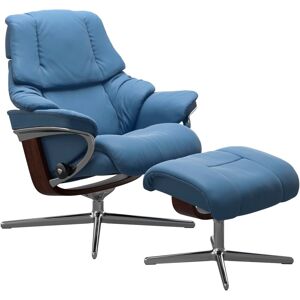 Relaxsessel STRESSLESS "Reno", blau (lazuli blau), B:92cm H:100cm T:80cm, Sessel, mit Hocker, mit Cross Base, Größe S, M & L, Holzakzent Braun