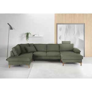 Wohnlandschaft 3C CANDY "Lecce, wahlweise PUR-Schaumstoff oder Tonnentaschenfederkern U-Form", grün (oliv), B:339cm H:86cm T:220cm, 95% Polyester, 5% Nylon, Sofas, Bettkasten in Umbauecke und Longchair, sowie Querschläfer im 2-Sitzer