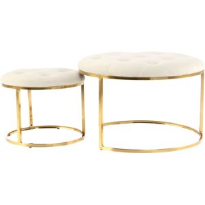 Sitzhocker KAYOOM "Hocker Myla 2er-Set, praktisch ineinander schiebbar", weiß (elfenbein, gold), B:60cm H:41cm T:60cm, Sitzbezug: 100% Polyester Korpus: Sperrholz Gestell: 100% Eisen, Hocker, Sitzhocker, ineinander schiebbar, rund, gesteppt, mit Zierknöpf
