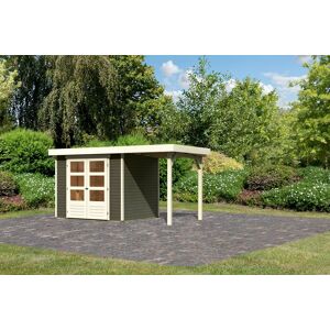 Gartenhaus KARIBU ""Asendorf 3" SET terragrau mit Anbaudach 1,5 m Breite" Gartenhäuser Gr. ohne Fußboden, grau (terragrau) Gartenhäuser aus Holz