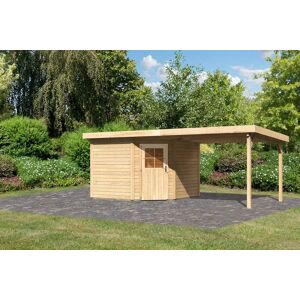 Gartenhaus KARIBU "Neusee 3" Gartenhäuser Gr. ohne Fußboden, ohne Rück- und Seitenwand, beige (naturbelassen) Gartenhäuser aus Holz mit Anbaudach B: 3,2 m