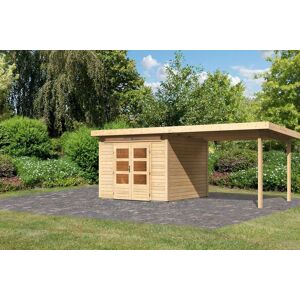 Gartenhaus KONIFERA ""Karlshöfen 6" SET naturbelassen mit Anbaudach 3,2 m" Gartenhäuser Gr. ohne Fußboden, beige (naturbelassen) Gartenhäuser aus Holz hochwertiger nordischer Fichte