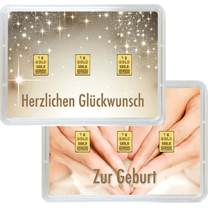 3 x 1 g Gold Geschenkkarte Herzlichen Glckwunsch zur Geburt