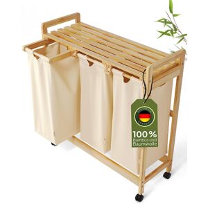 Ambiavo® Wäschekorb 3 Fächer Mit Rollen [Beige, 100% Baumwolle, Bambus, 90 L - Akzeptabel Beige mit Rollen