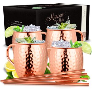 Vezato Moscow-Mule-Becher [500ml] – Gehämmerte Kupferbecher Mit Strohhalmen – - Akzeptabel Kupfer