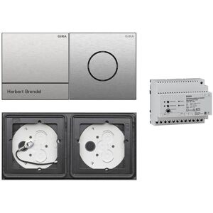 Gira 106 System 2-fach Gegensprechanlagen Set Edelstahl V4A mit Klingelmodul 1 Ruftaste Edelstahl und Sprachmodul + Audio-Steuergerät mit Gravur