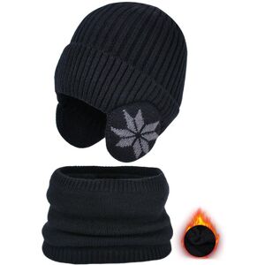 Onihua Kinder Mütze Winter Samt Schal Anzug Gestrickte Wollmütze Jungen Warme Gehörschutzkappe Skullies Beanies Ärmelkappe Schwarz
