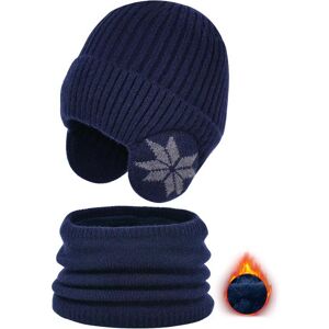 Onihua Kinder Mütze Winter Samt Schal Anzug Gestrickte Wollmütze Jungen Warme Gehörschutzkappe Skullies Beanies Ärmelkappe Marineblau