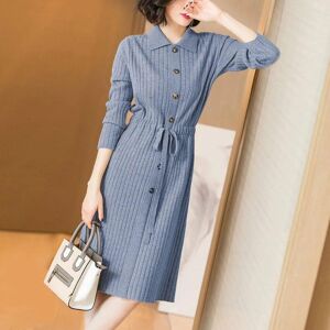 Fashboutique Casual Blau Gestrickte Kleid Frauen Hohe Taille Langarm Kleid Weibliche Herbst Drehen-Unten Kragen Taste Damen Kleider