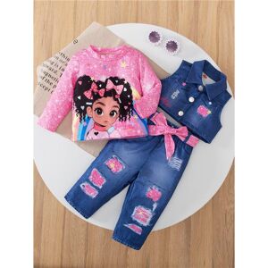 Deals Depot 2024 3-Teiliges Set Mit Denim-Print Für Kinder: Weste, Langarmoberteil Und Hose Pink 18-24 Months