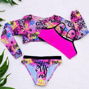 Swimwear Online Modisches 3-Teiliges Bademode-Set Für Mädchen Mit Sonnenschutz, Schnürung Auf Der Rückseite, Unterhemd, Bedruckter Slip Und Langärmeligem Überzug, Bad